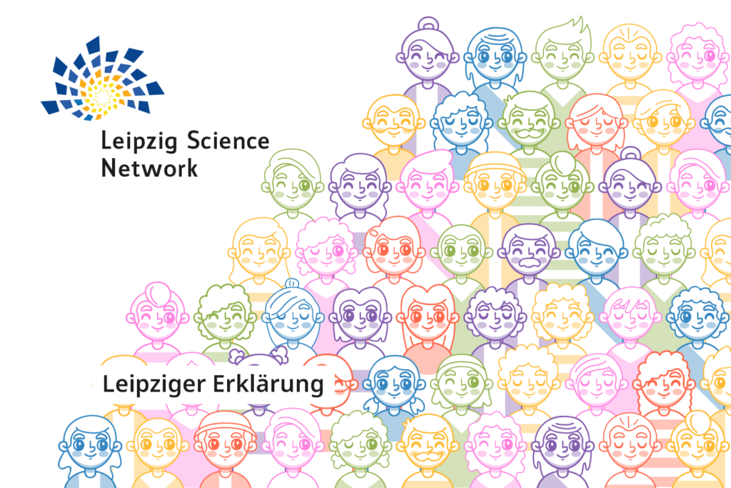 Das Bild zeigt das Logo des Leipzig Science Network (LSN) und eine bunte Illustration vieler stilisierter Gesichter. Das Logo besteht aus blauen und gelben Quadraten, die sich zu einer Spirale formen. Links vom Logo steht "Leipzig Science Network" in schwarzer Schrift. Die Gesichter sind in verschiedenen Farben gezeichnet und stellen eine diverse Gruppe von Menschen dar. In der Mitte des Bildes steht "Leipziger Erklärung" in schwarzer Schrift, umgeben von den bunten Gesichtern. Die Illustration vermittelt ein Gefühl von Gemeinschaft und Vielfalt im Kontext des wissenschaftlichen Netzwerks.