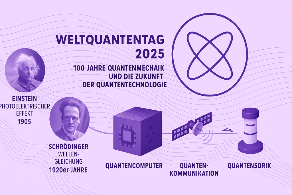 Weltquantentag 2025 – 100 Jahre Quantenmechanik und die Zukunft der Quantentechnologie. Montage: DALL-E (KI generiert)